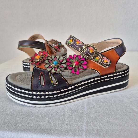 L'Artiste Spring Step Laga Leather Floral Ornament Platform Sandal Open Toe - Picture 4 of 15